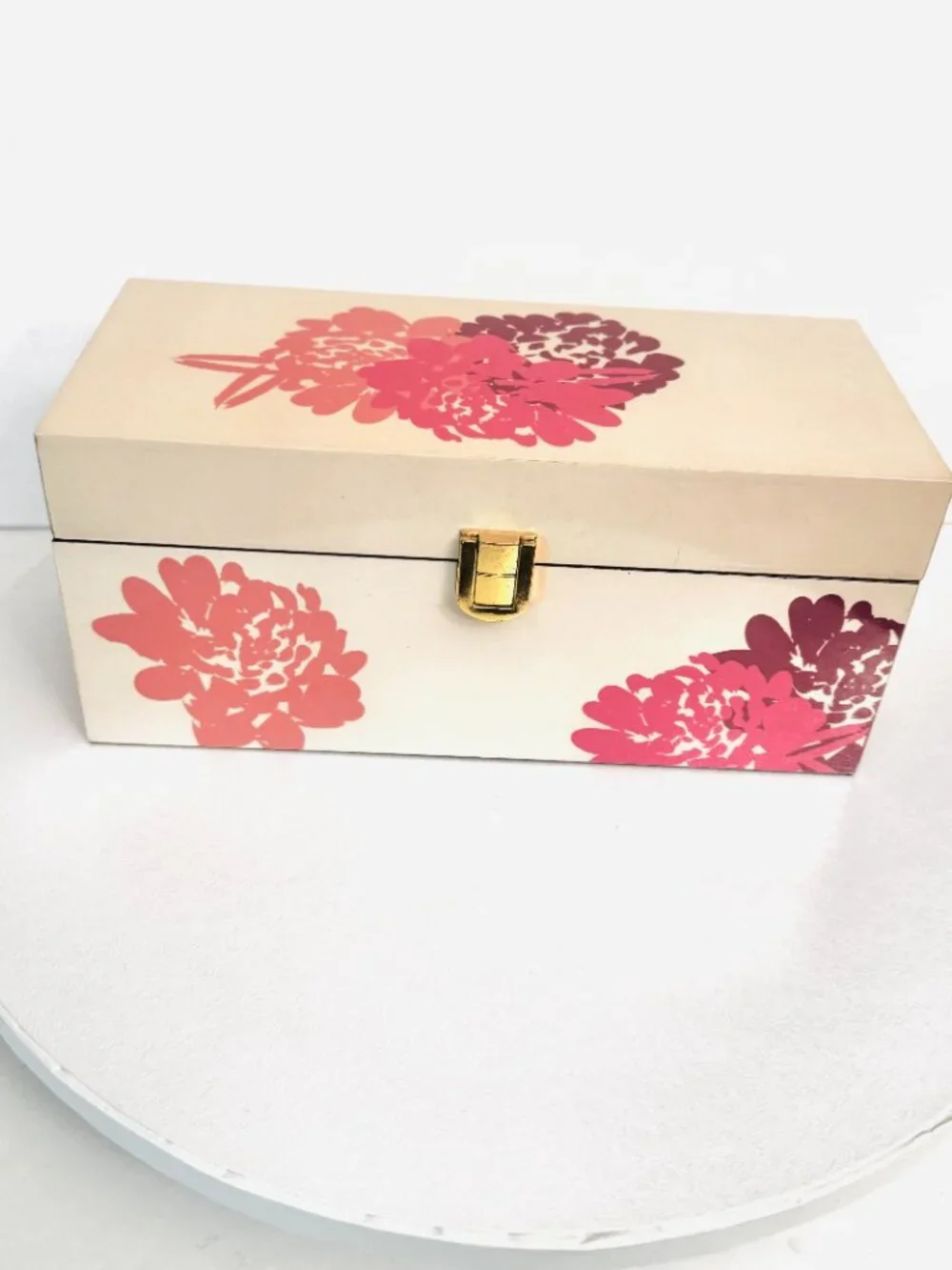 Rectangular Jewelry Box 9x4 Lacquer Floral Tan Pink Black Velvet Lining Box Clas